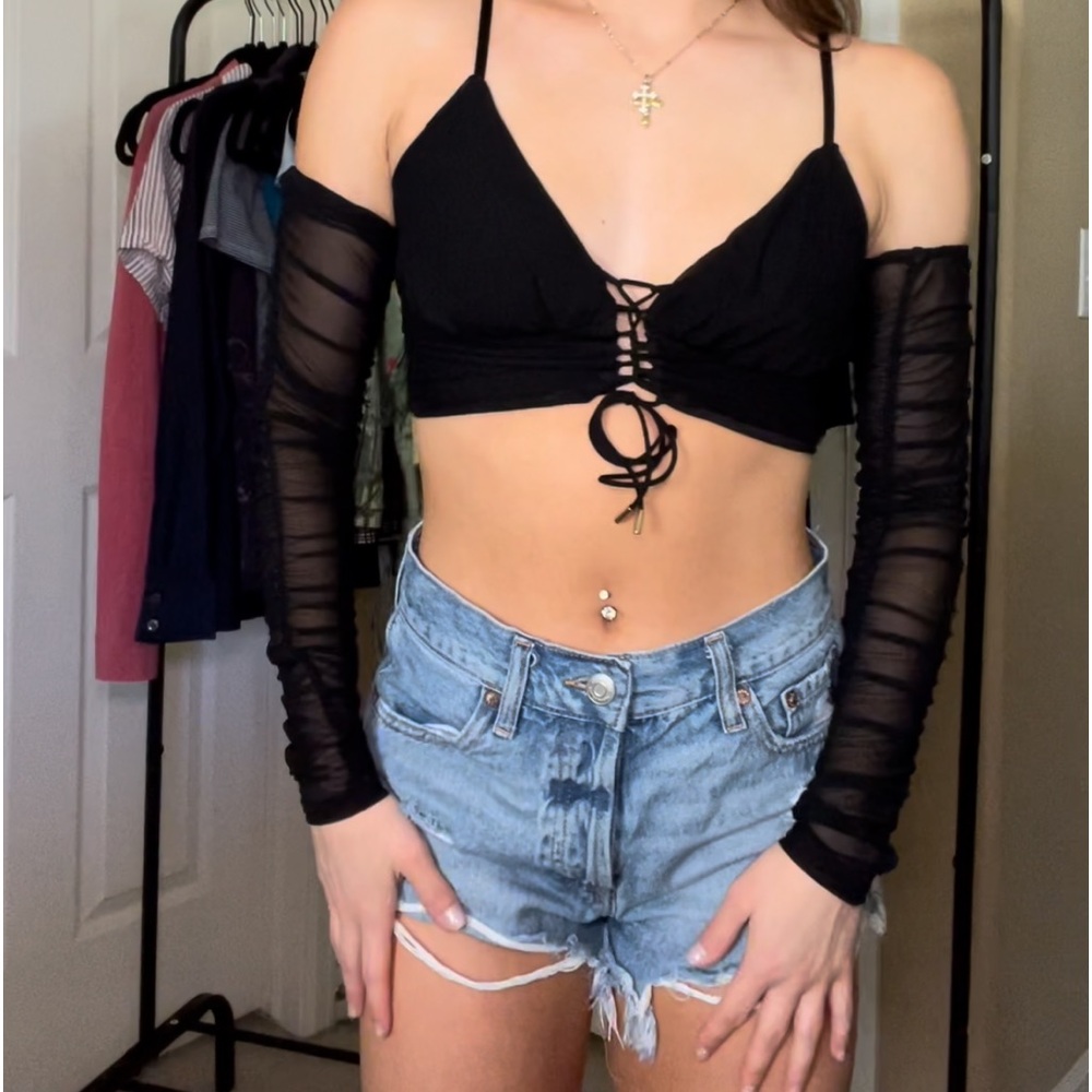 Tiger Mist Front Tie Top with Mesh Sleeves